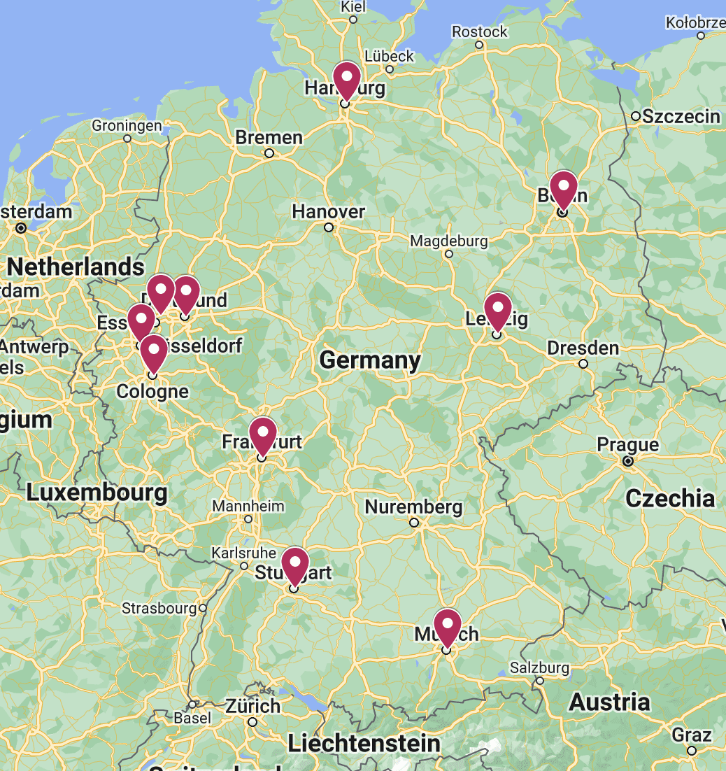 Berlin, München, Stuttgart, Gelsenkirchen, Düsseldorf, Hamburg, Frankfurt, Köln, Dortmund och Leipzig